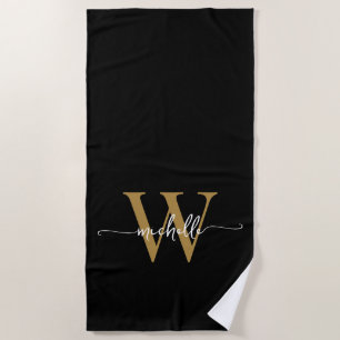 Serviette De Plage Écriture de nom de monogramme noir or moderne élég