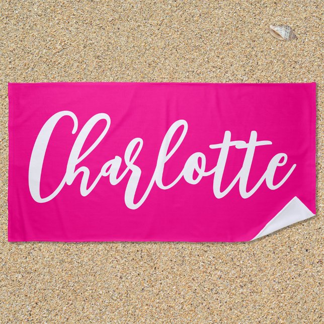 Serviette De Plage Écriture rose chaud et blanc (Hot Pink Lettering Script Beach Towel)