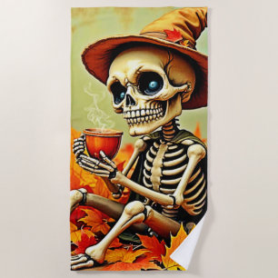Serviette De Plage Éffrayant Automne Skeleton's Coffee Break Design