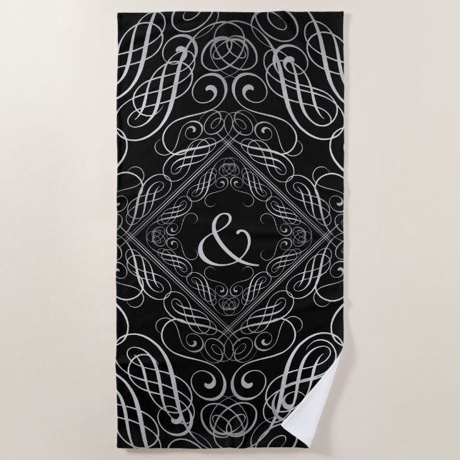 Serviette De Plage Elégant Argent Foil Look Filigree Scrollwork Noir (Devant)