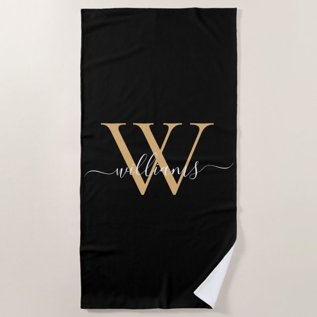 Serviette De Plage Elegant Black Gold Custom Monogram Script Name (Devant)