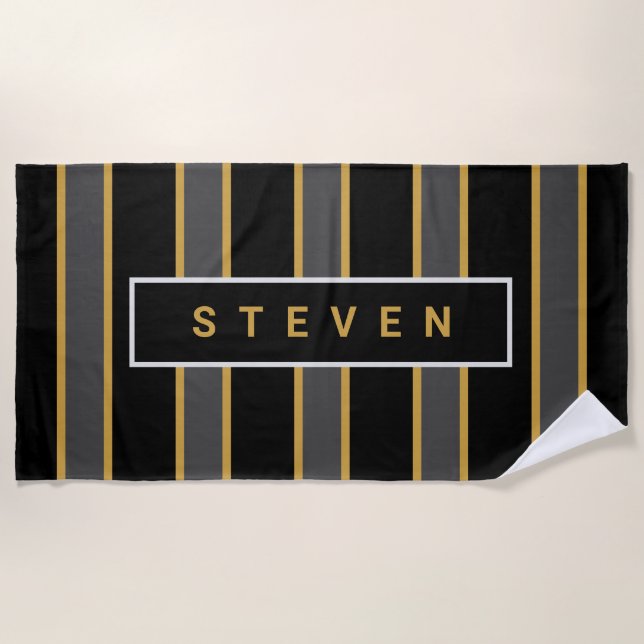 Serviette De Plage Elégant Black Gold Stripes Hommes Personnalisés (Devant)