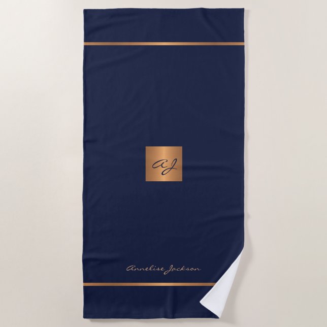 Serviette De Plage Elégant chic marine or moderne monogrammed rayures (Devant)