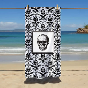 Serviette De Plage Elégant crâne noir et blanc gothique damassé