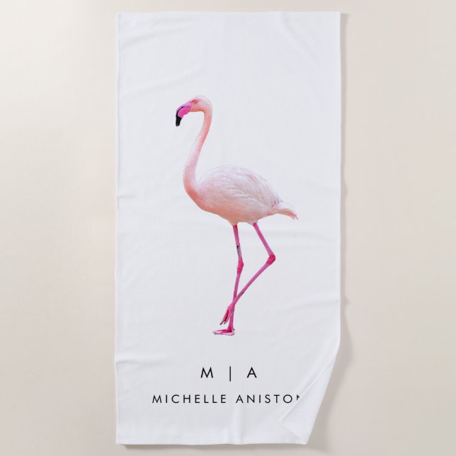 Serviette De Plage Élégant Flamant rose blanc rose | Monogramme perso (Devant)