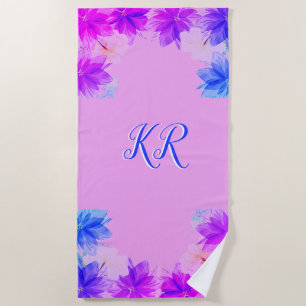 Serviette De Plage Élégant Fleurs tropicales violet bleu Monogramme