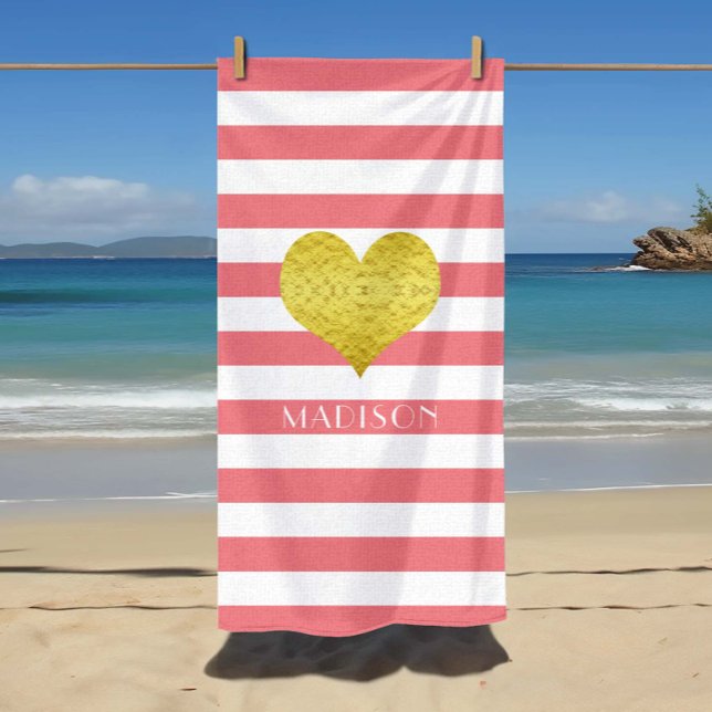 Serviette De Plage Elégant Gold Heart Name Pink And White Stripes (Elegant Gold Heart Name Pink And White Stripes Beach Towel)