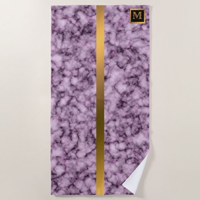 Serviette De Plage Élégant Marbre Monogramme moderne Noir Or (Devant)