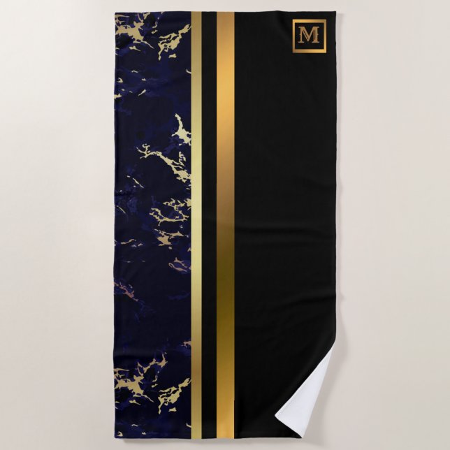 Serviette De Plage Élégant Marbre Monogramme moderne Noir Or (Devant)