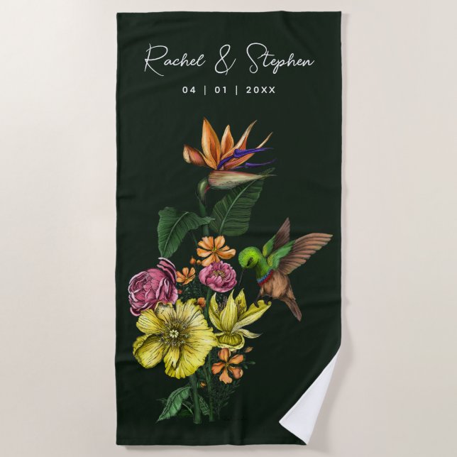 Serviette De Plage Élégant Mariage d'été tropical de colibri (Devant)