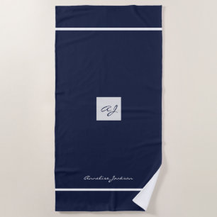 Serviette De Plage Elégant marine blanc moderne nom monogrammed