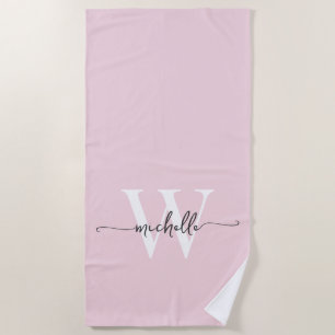 Serviette De Plage Élégant Moderne Blush Rose Monogramme Nom Script