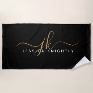 Serviette De Plage Élégant moderne Script Monogramme Initiales Black
