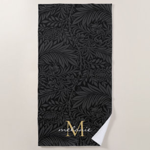 Serviette De Plage Élégant Monogramme Floral Or Noir
