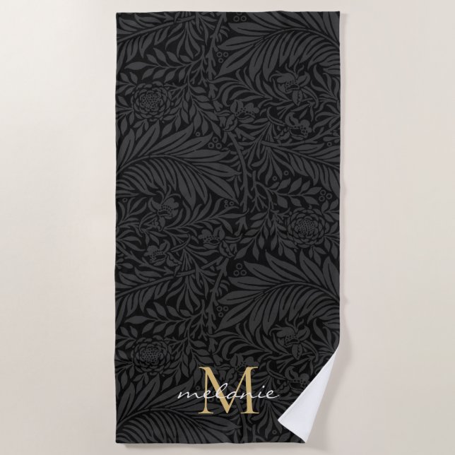 Serviette De Plage Élégant Monogramme Floral Or Noir (Devant)