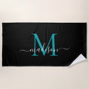 Serviette De Plage Élégant Monogramme noir Turquoise Script féminin