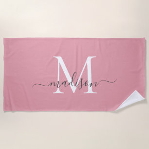 Serviette De Plage Élégant Monogramme rose pâle Script gris féminin