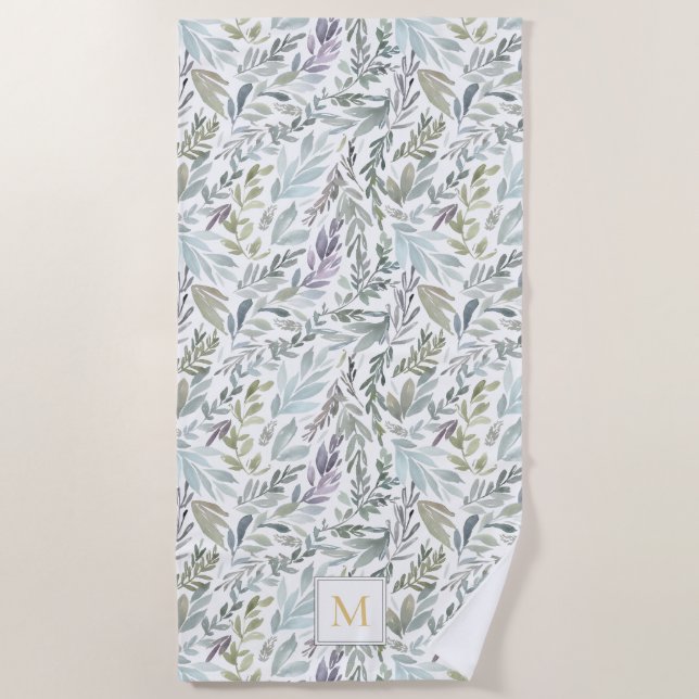 Serviette De Plage Elégant Monogramme Vert Aquarelle Botanique (Devant)