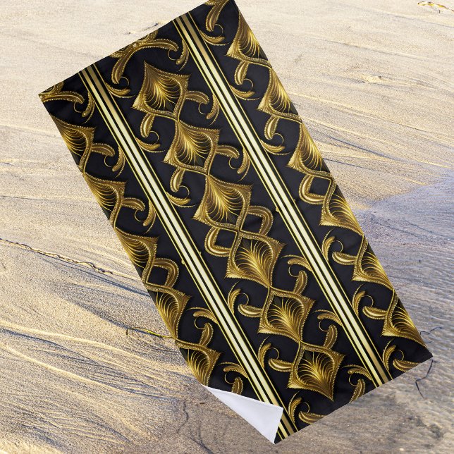 Serviette De Plage Elégant motif art déco en noir et or (Créateur téléchargé)