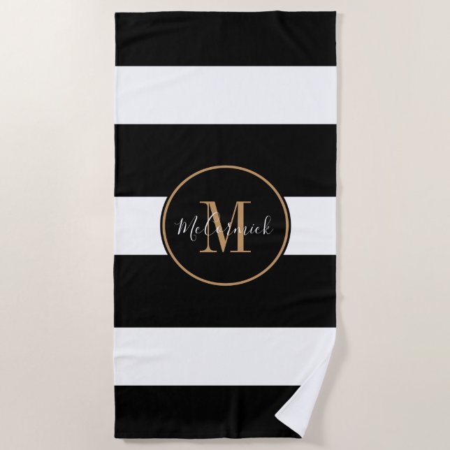 Serviette De Plage Élégant noir blanc rayures or Monogramme Nom (Devant)