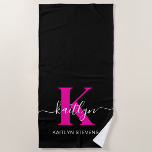 Serviette De Plage Élégant Noir Hot Rose Script Monogramme