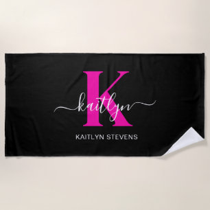 Serviette De Plage Élégant Noir Hot Rose Script Monogramme