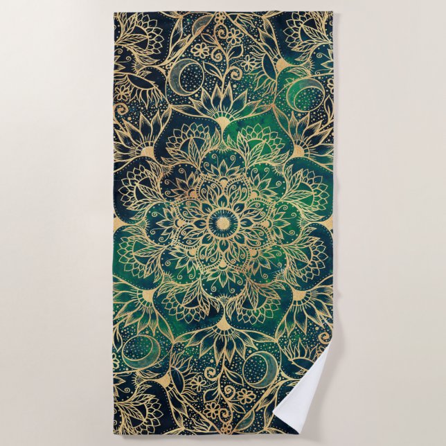 Serviette De Plage Elégant or Mandala Floral Vert bleu (Devant)