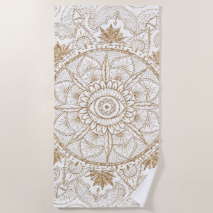 Serviette De Plage Elégant or Oeil Soleil Lune Mandala Blanc