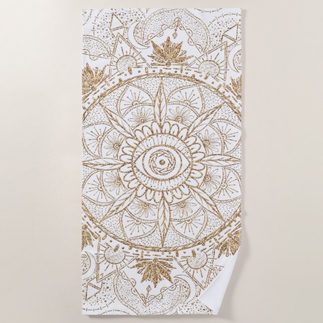 Serviette De Plage Elégant or Oeil Soleil Lune Mandala Blanc (Devant)