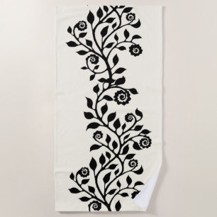 Serviette De Plage Élégant ornement Tourbillonnant noir Vintage Flora
