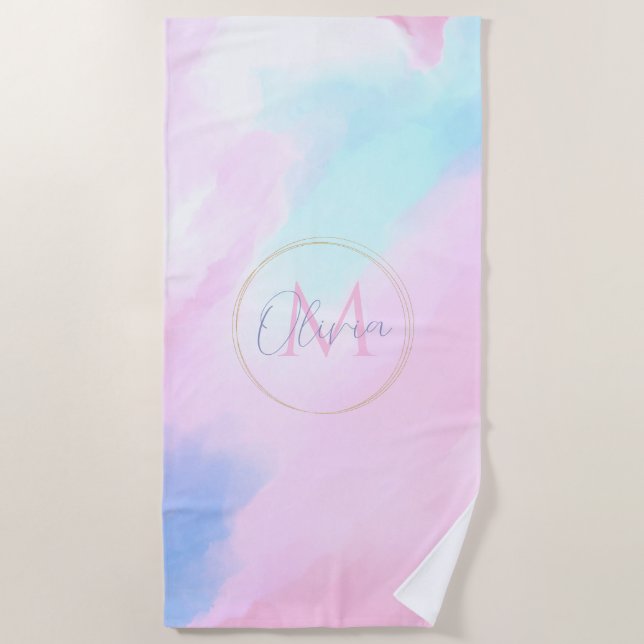 Serviette De Plage Elégant Pastel bleu rose aquarelle peinture (Devant)