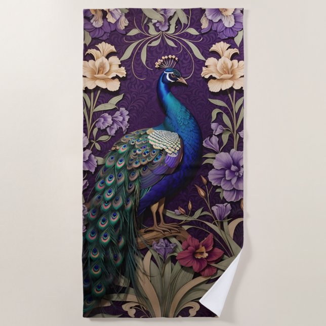 Serviette De Plage Elégant Peacock Sur Purple William Morris Inspiré (Devant)