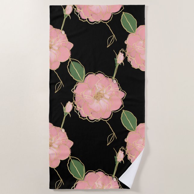 Serviette De Plage Elégant rose & or Aquarelle Rose Design noir (Devant)