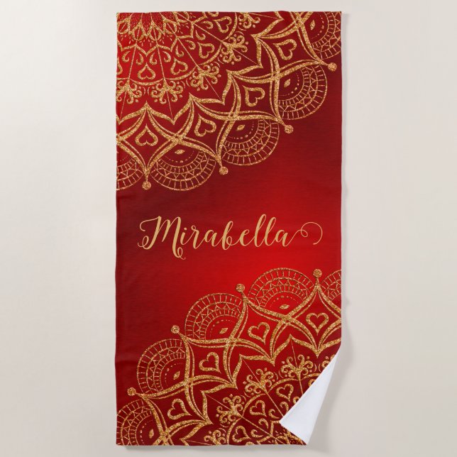 Serviette De Plage Élégant rouge et or Mandala Monogrammé (Devant)