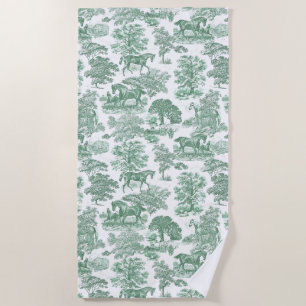 Serviette De Plage Élégant Toile Vintage Vert Sauge Blanc Chevaux