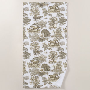 Serviette De Plage Élégant Vintage Rustique Or Beige Chevaux Toile 