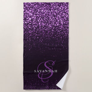 Serviette De Plage Élégant Violet Monogramme Script Parties scintilla