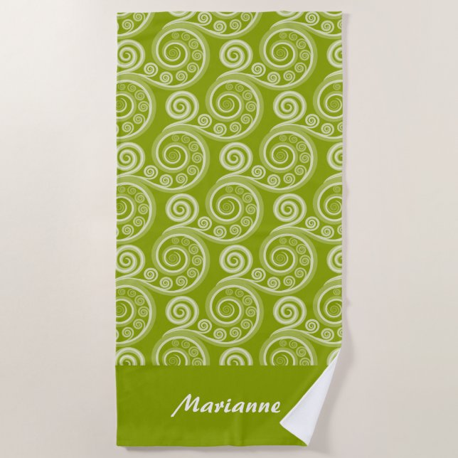 Serviette De Plage Élégant Votre Nom Vert Naturel Fern Curl (Devant)