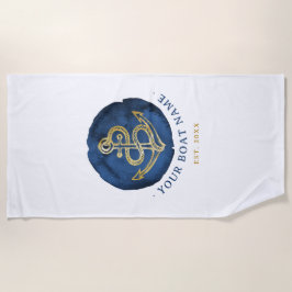 Serviette De Plage Elégante Ancre aquarelle Nom nautique Marine Bleu