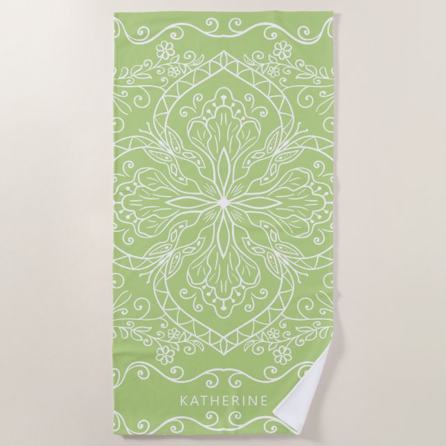 Serviette De Plage Élégante chaux moderne vert Nom personnalisé Manda (Devant)