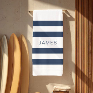 Serviette De Plage Elégante Motif Moderne Bleu Et Blancs Nom