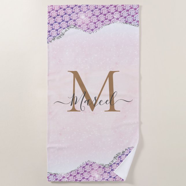 Serviette De Plage Élégante Parties scintillant rose Rose Monogram (Devant)