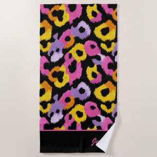 Serviette De Plage Empreinte de léopard coloré Retro Glam Monogramme