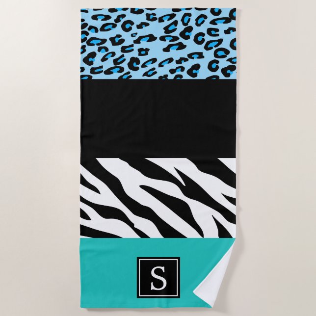 Serviette De Plage Empreinte de léopard, Zebra Print, Bleu, Monogramm (Devant)