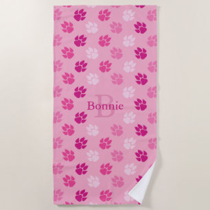 Serviette De Plage Empreintes De Pattes De Chien Roses Avec Monogramm