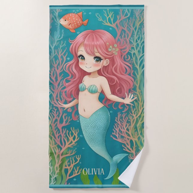Serviette De Plage Enfants mignons de sirène à tête rouge (Devant)