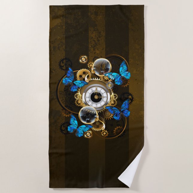 Serviette De Plage Engrenages à vapeur et papillons bleus (Devant)
