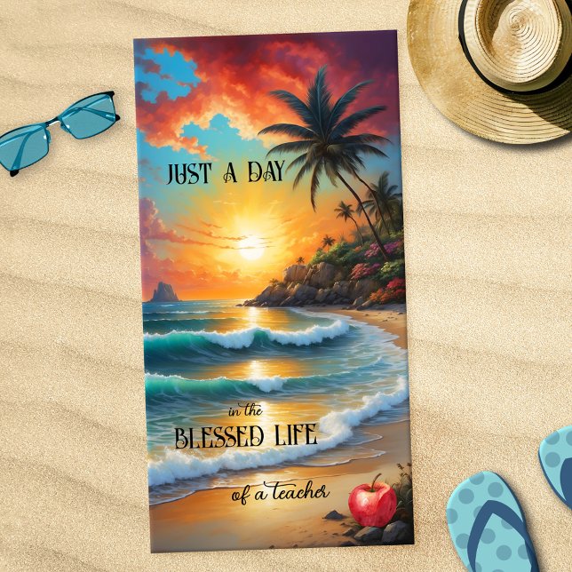 Serviette De Plage Enseignant du coucher de soleil sur la plage tropi (Teacher beach towel featuring a painting of a sunset on a tropical beach with an (optional) apple)