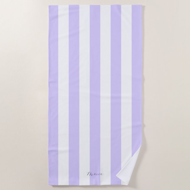 Serviette De Plage Épais Rayures Verticales Pastel Lilac Nom Gratté (Devant)