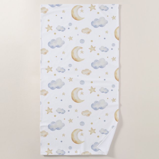 Serviette De Plage Etoiles de lune d'aquarelle et Motif de nuage (Devant)